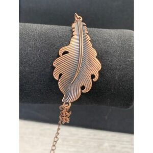 Copper Tone Leaf Charm Bracelet Nature Inspired Textured Feather Link Chain 6in